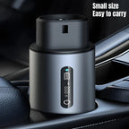 Small electronic device with digital display on a car dashboard, emphasizing portability.
