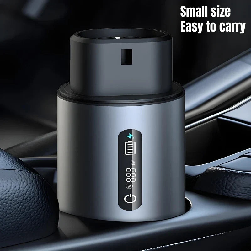 Small electronic device with digital display on a car dashboard, emphasizing portability.