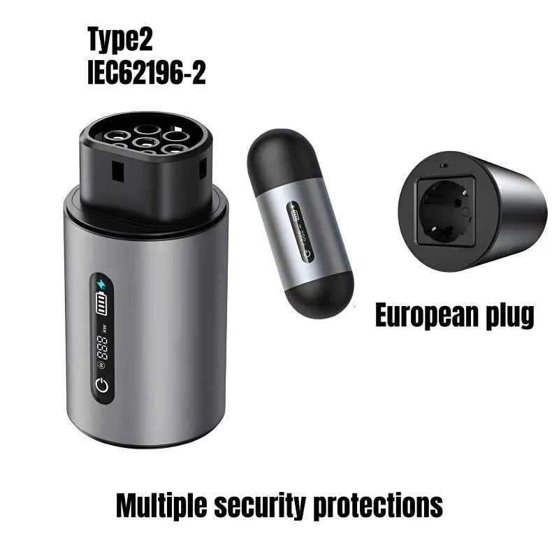 Electric vehicle charging cable with connectors and European plug on a white background